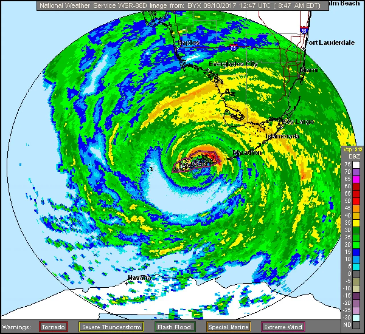 A weather-radar image of Hurricane Irma showing a clear eye surrounded by curved spiral bands of rain