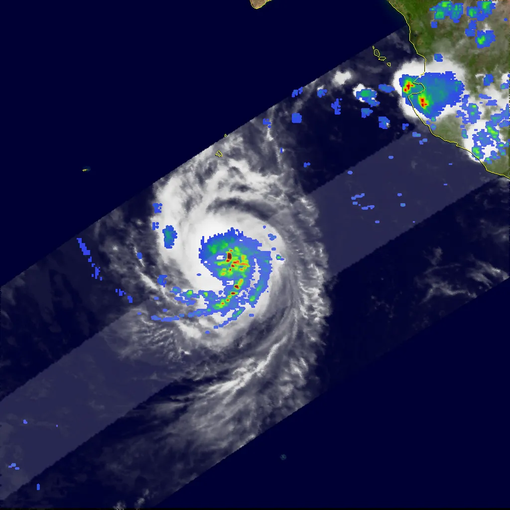 A satellite rain-intensity image of a hurricane showing heavy rain concentrated on one side of the center