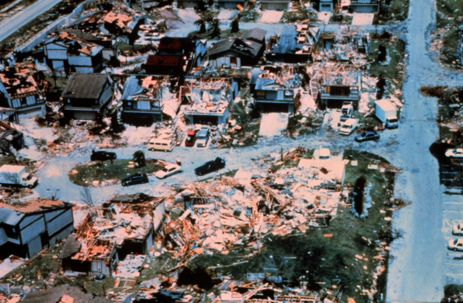 Aerial view of a south Miami-Dade neighborhood flattened by Hurricane Andrew