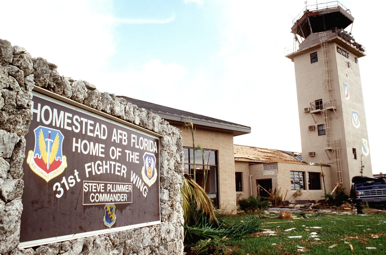 The damaged Homestead Air Force Base entrance sign and control tower after Hurricane Andrew