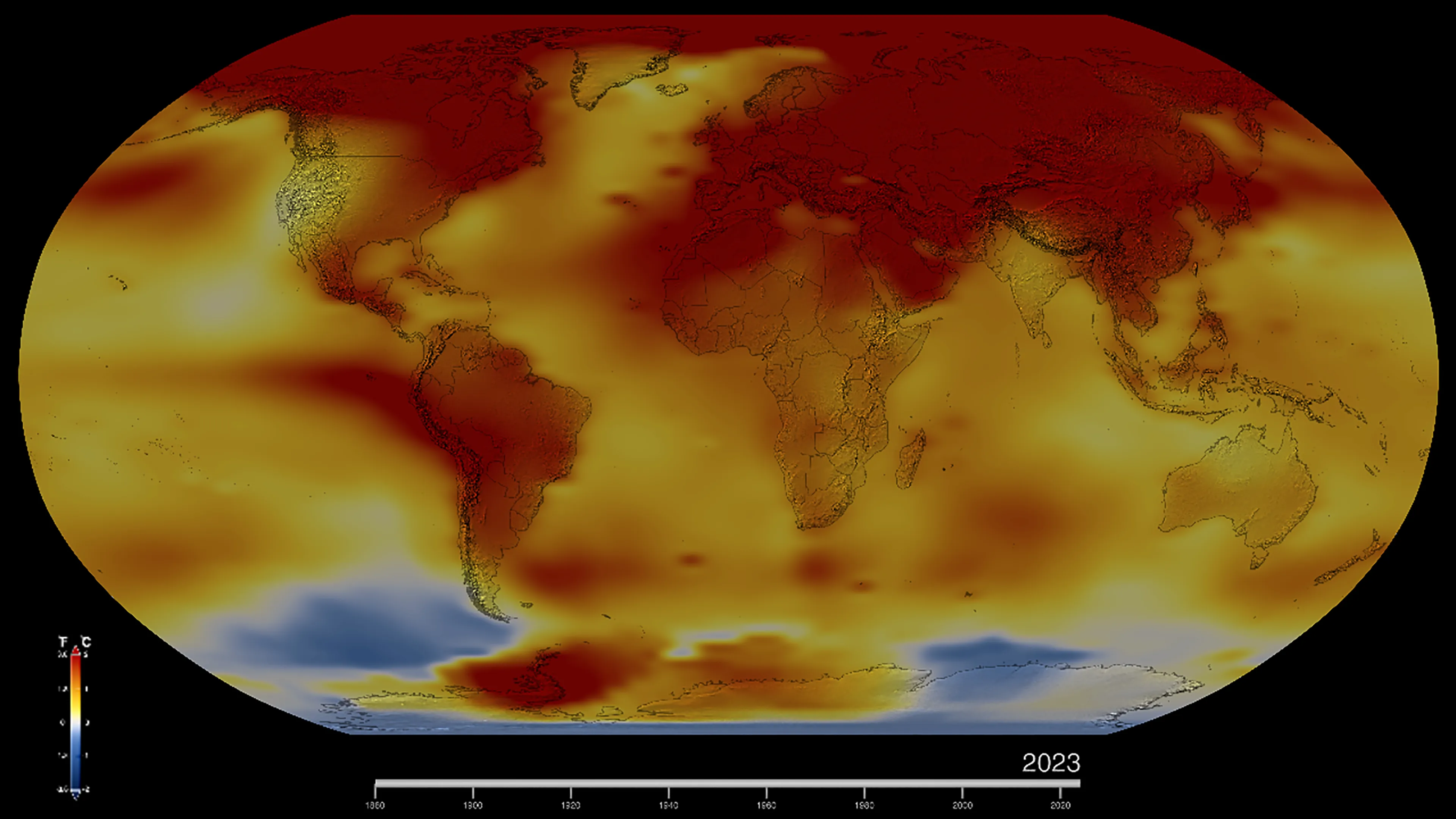 A world map showing 2023 temperatures running far above the long-term average across most of the globe and oceans