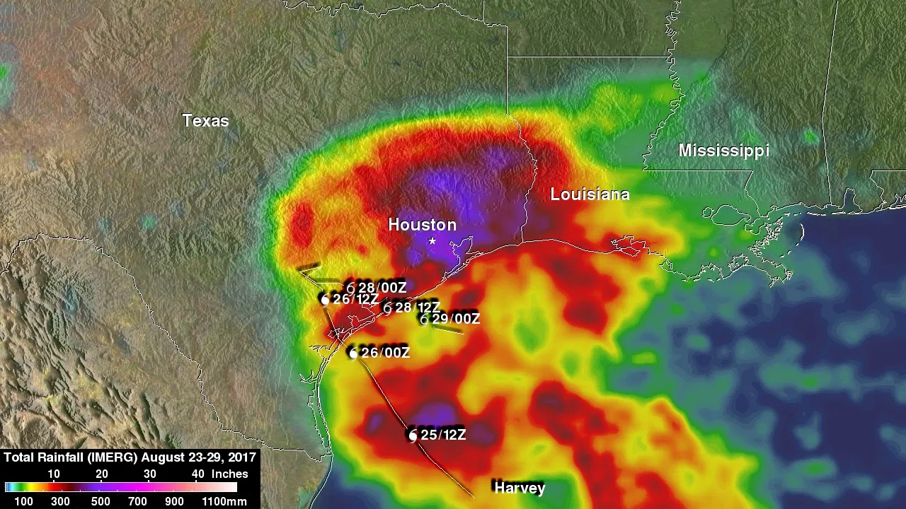 A satellite rainfall map showing extreme accumulations from Hurricane Harvey centered over Houston, Texas