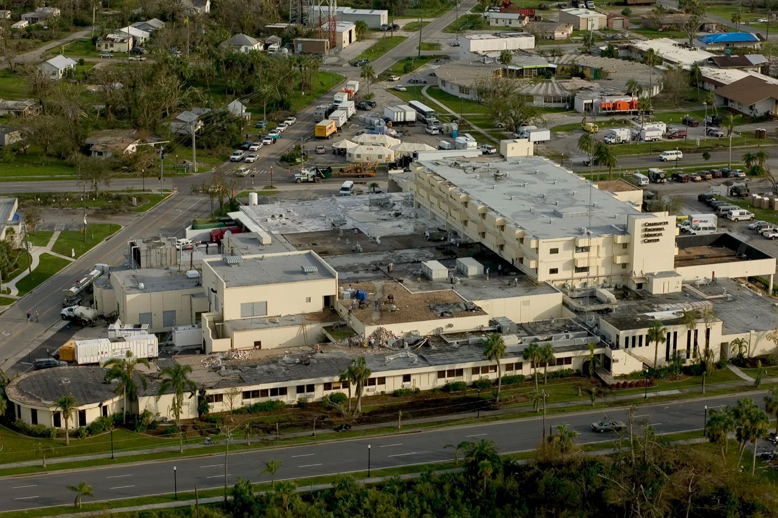 Aerial view of a hurricane-damaged medical center in Charlotte County, Florida after Hurricane Charley