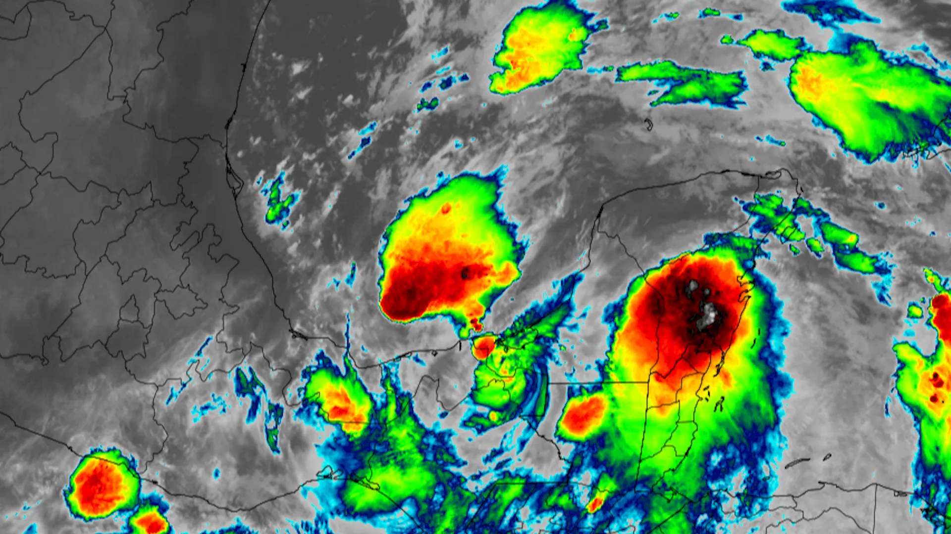 An enhanced satellite image of a disorganized cluster of thunderstorms over the Gulf of Mexico