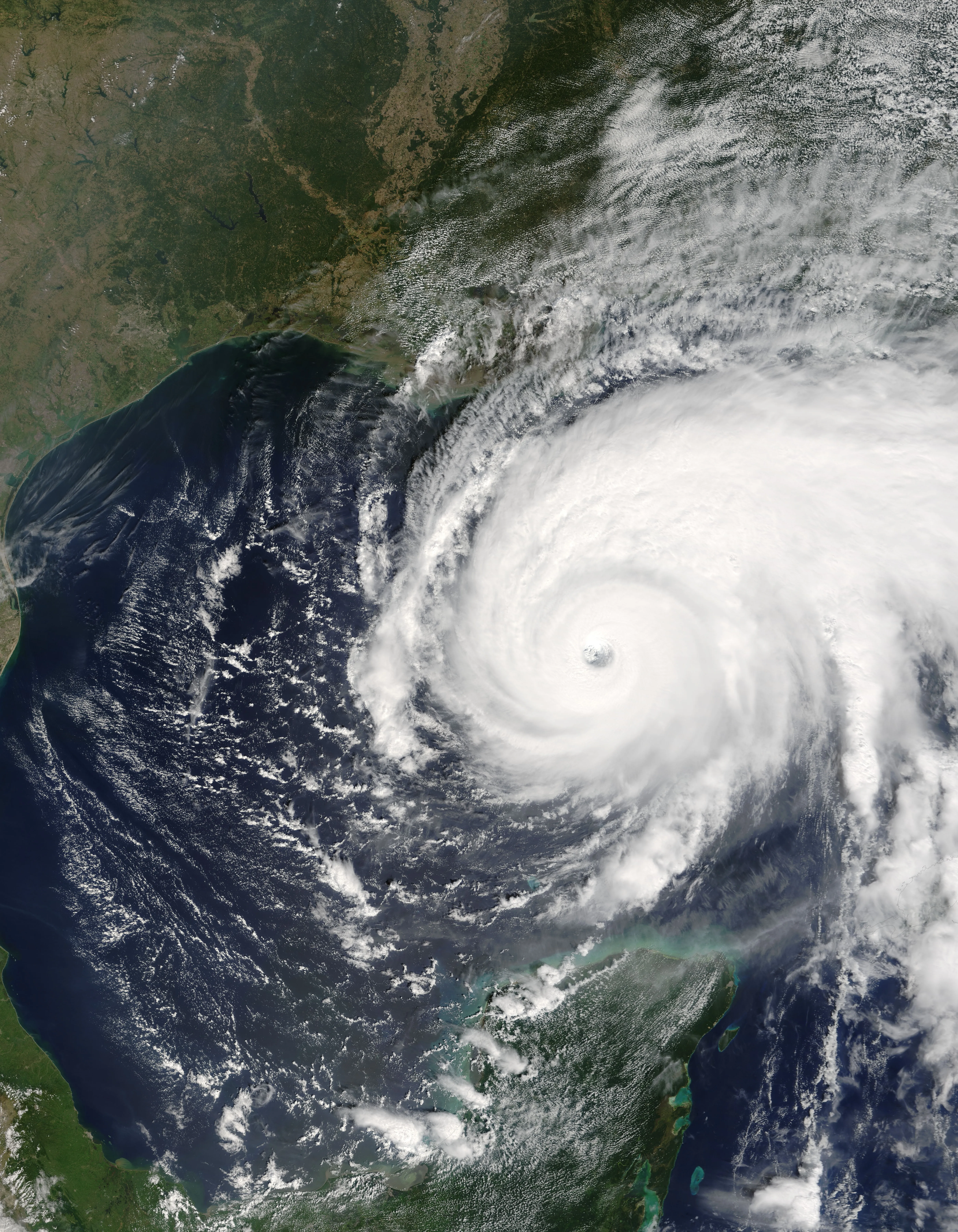 An intense Category 5 hurricane with a large, sharply defined eye over the Gulf of Mexico