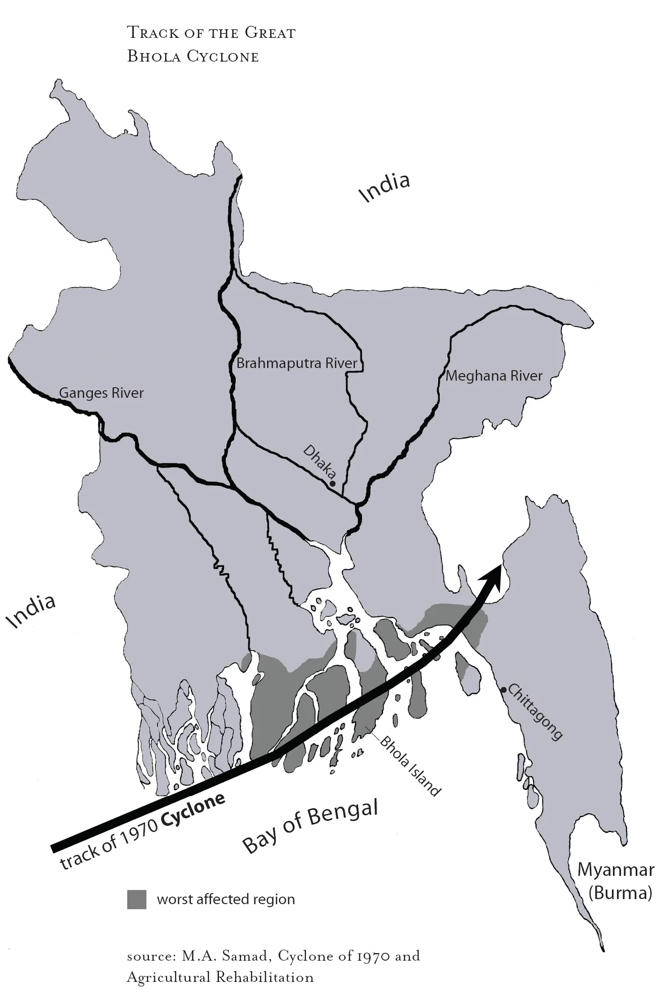 A map showing the track of the 1970 Bhola cyclone across the Bay of Bengal into East Pakistan