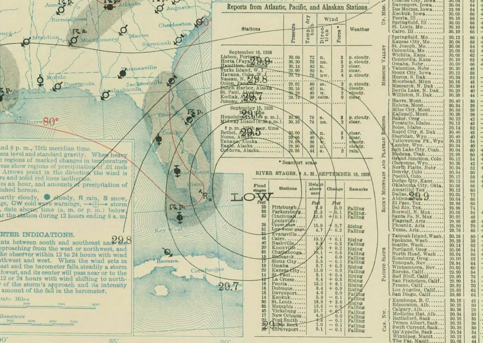 A 1928 surface weather map tracking the Okeechobee hurricane