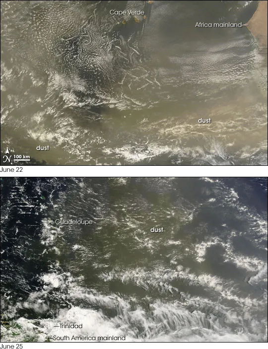 A vast plume of dry, dusty Saharan air spreading west across the tropical Atlantic