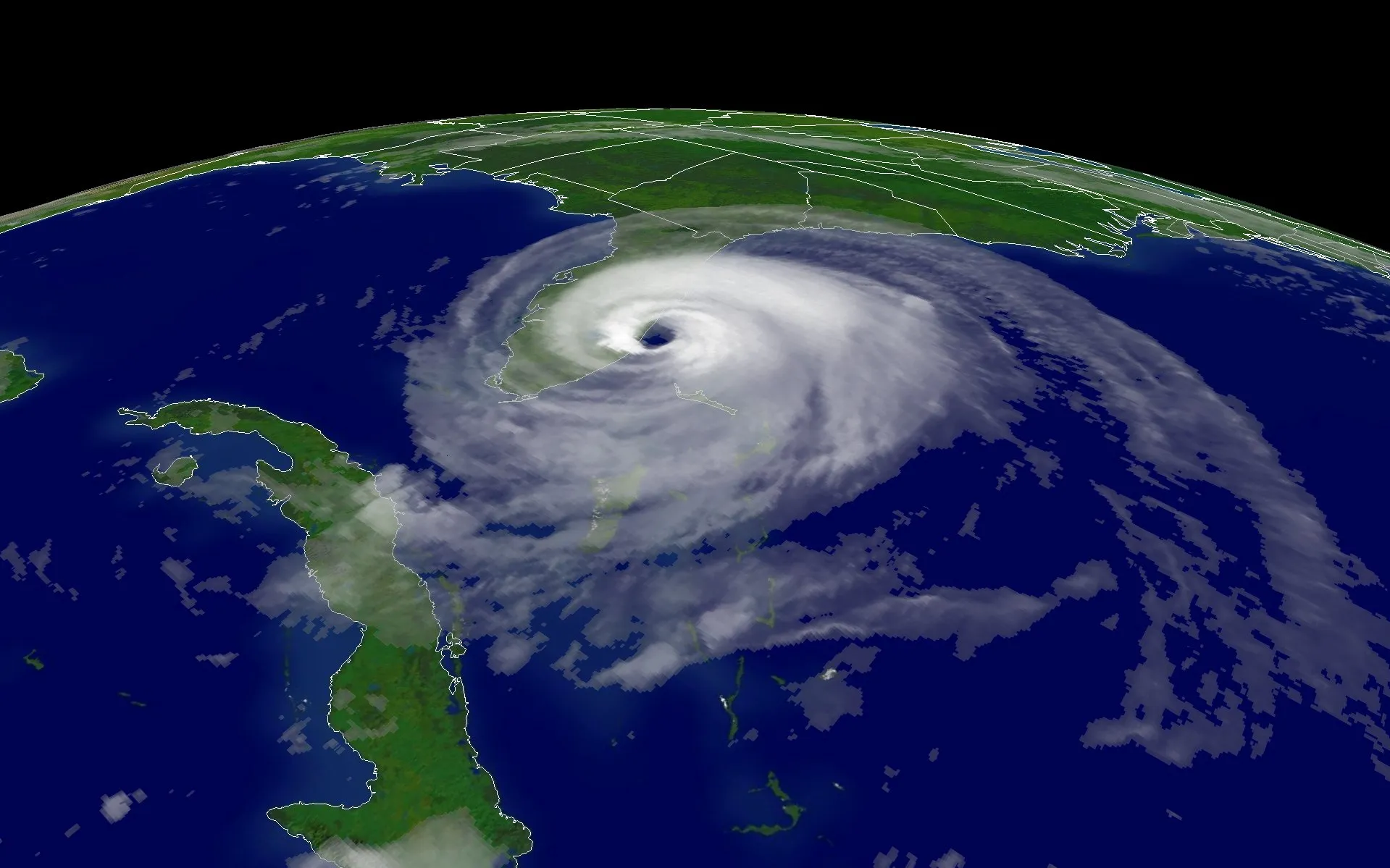 A hurricane making landfall on the Florida coast, seen from a satellite