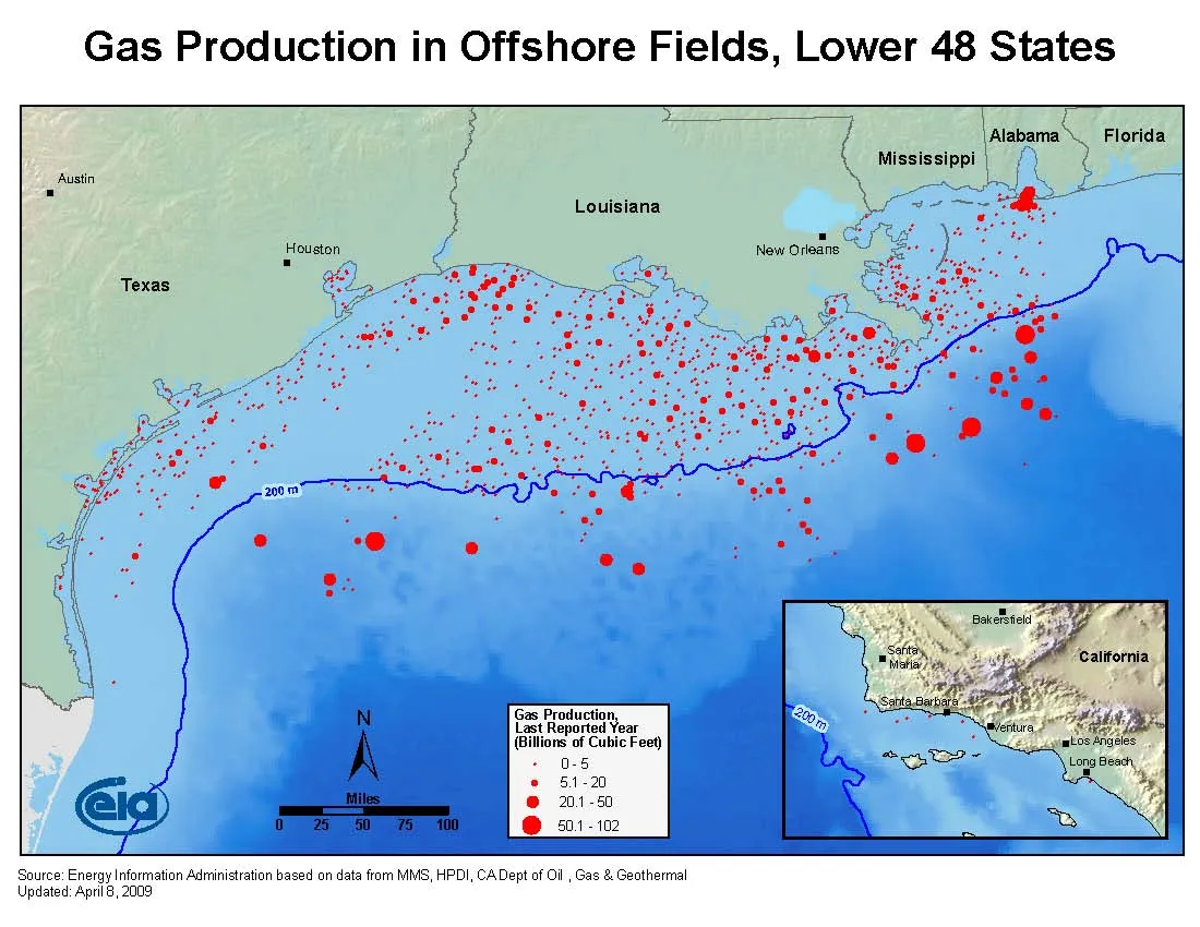 A map of the Gulf of Mexico dense with offshore oil and gas infrastructure