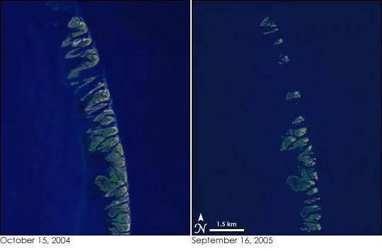 Before-and-after satellite images of the Chandeleur Islands showing land lost to a hurricane