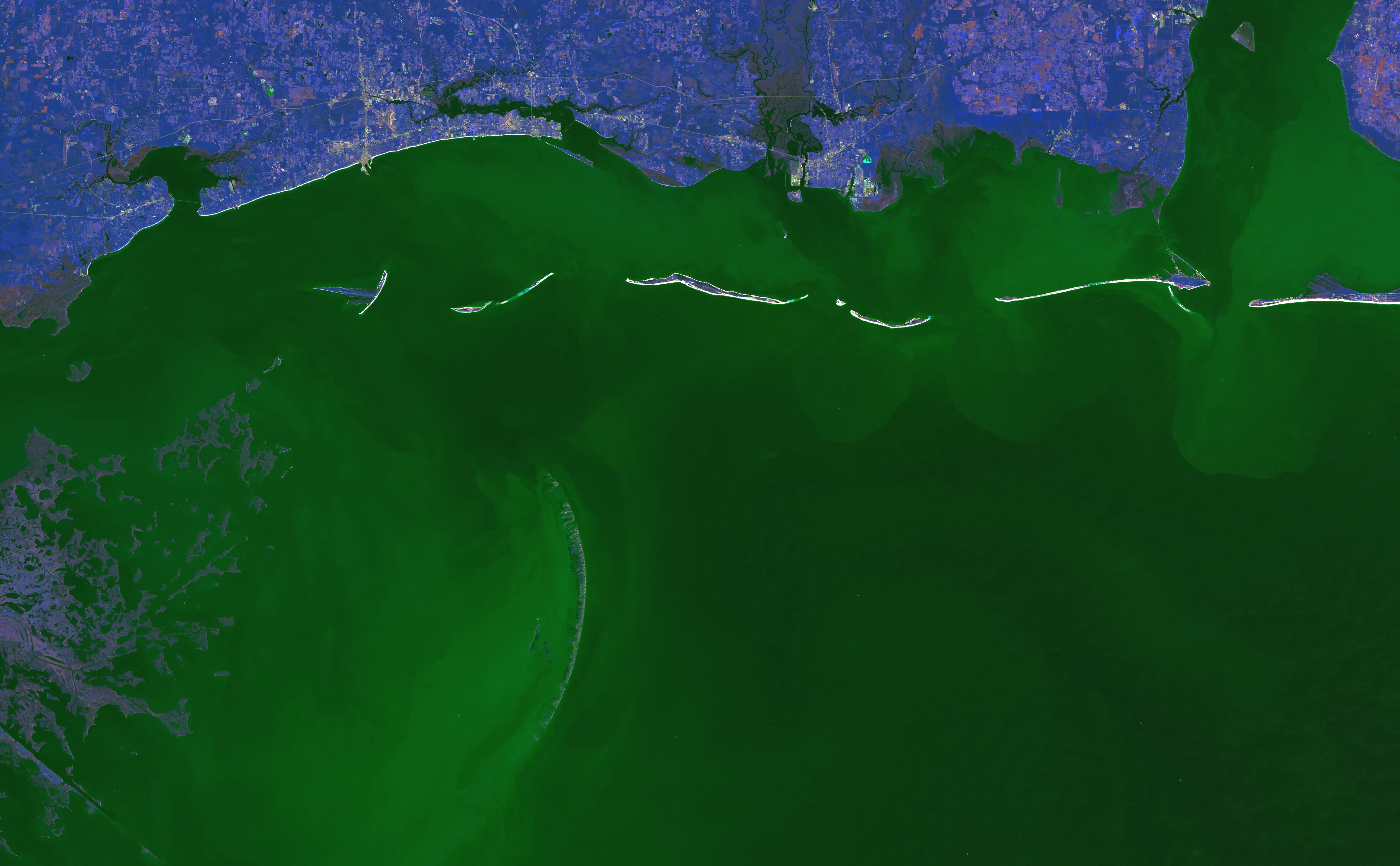 A satellite view of the Gulf Coast with sediment churned up across the water and barrier islands eroded by a hurricane