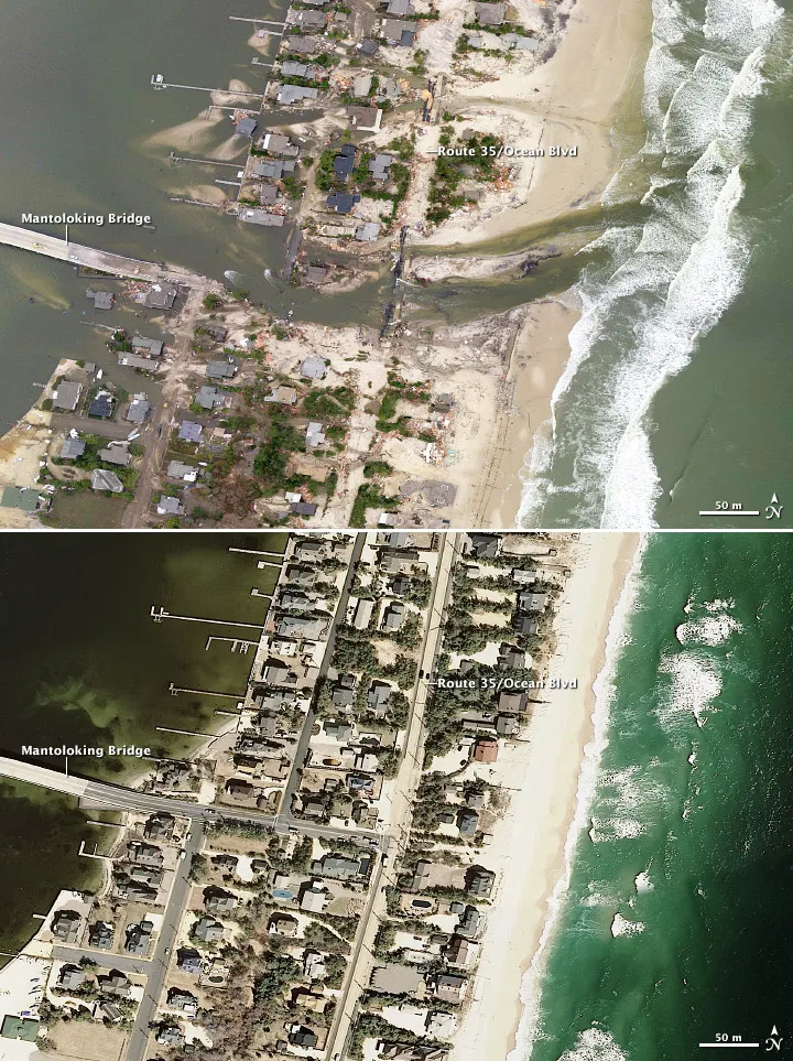A before-and-after satellite comparison of a New Jersey barrier community, showing homes and beach intact before a hurricane and breached afterward