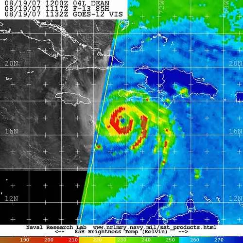 A satellite microwave image of an intense hurricane showing two concentric rings of rain around the center, a double eyewall