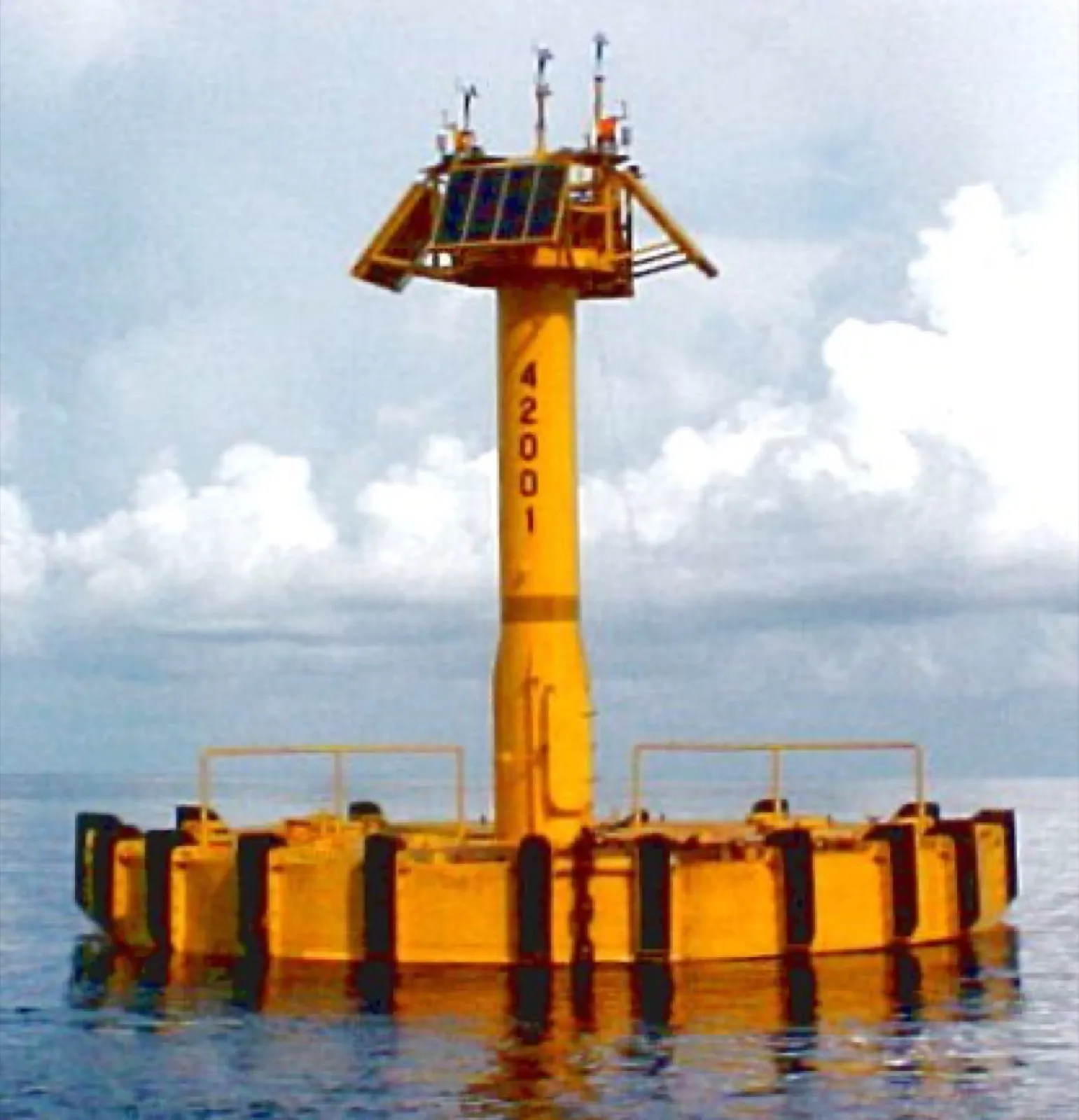A NOAA ocean weather buoy floating at sea