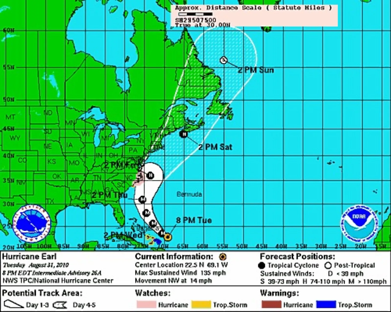 An NHC hurricane forecast cone of uncertainty graphic for Hurricane Earl in 2010