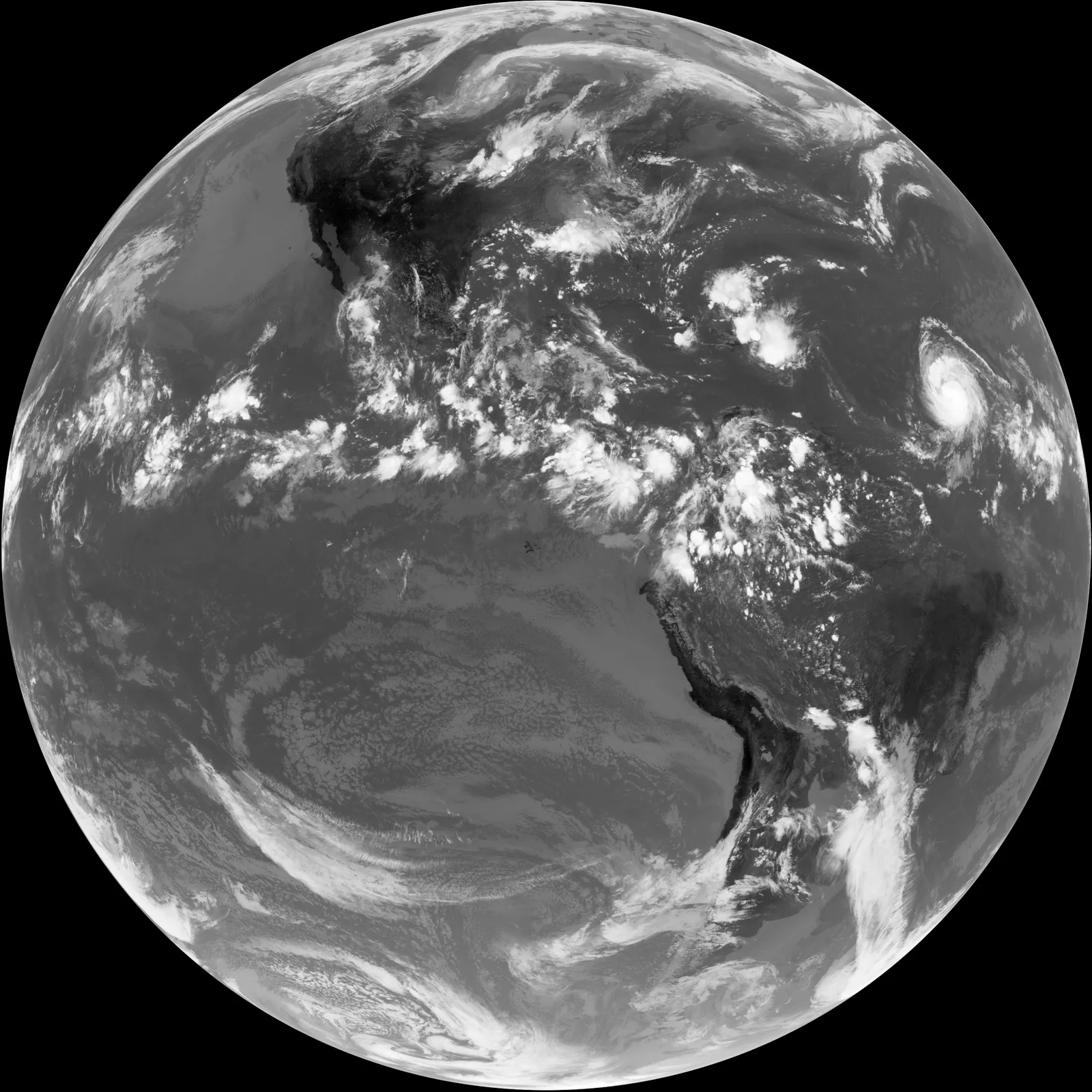 A GOES satellite full-disk view of Earth showing a hurricane