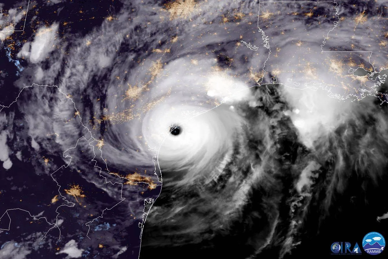 GOES-16 geocolor satellite view of Hurricane Harvey approaching the Texas coast at night