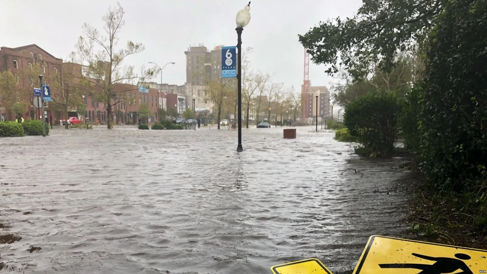 A flooded downtown street in North Carolina after Hurricane Florence