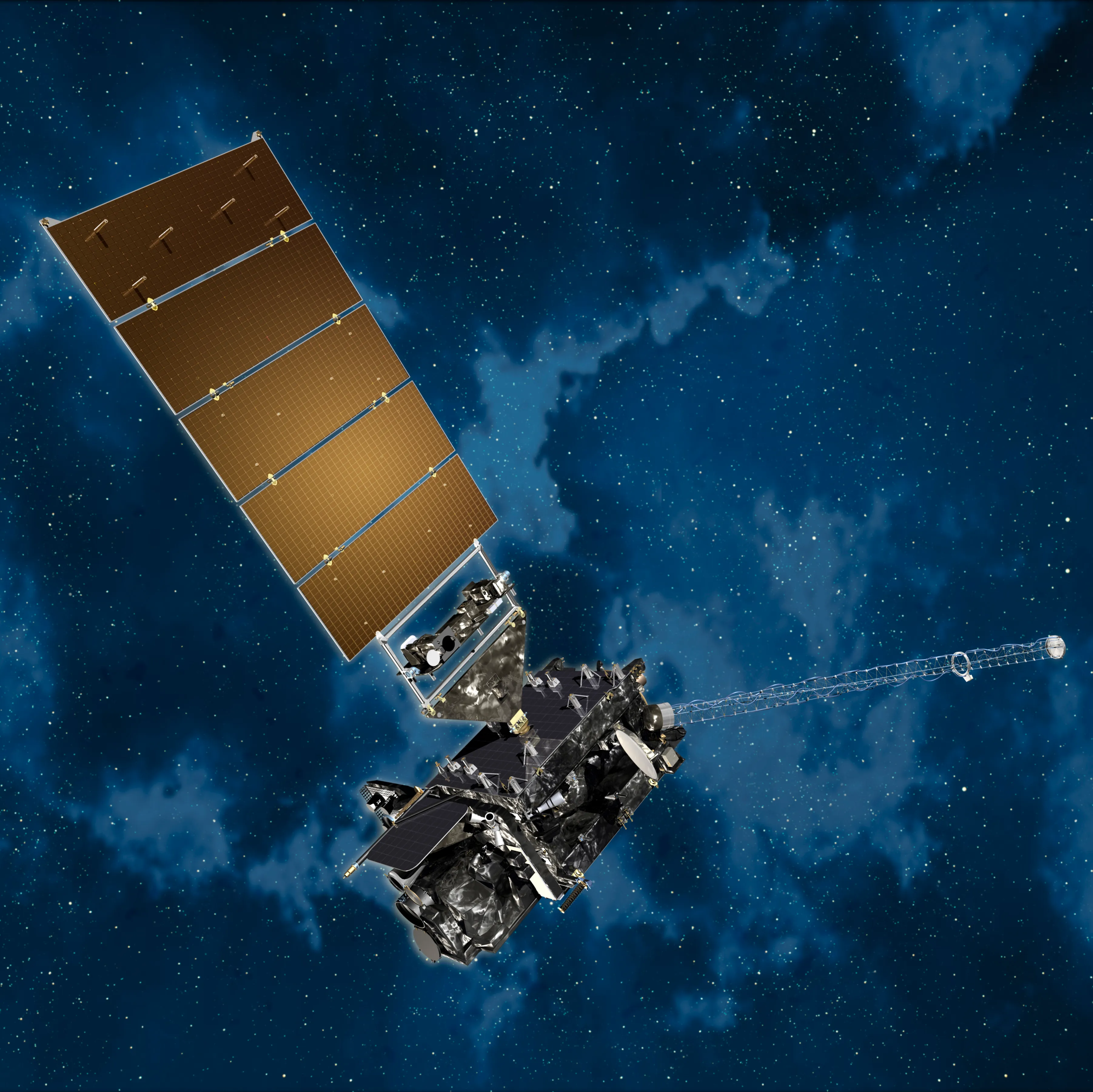 Artist rendering of a GOES-R series geostationary satellite with its solar array deployed above a starfield