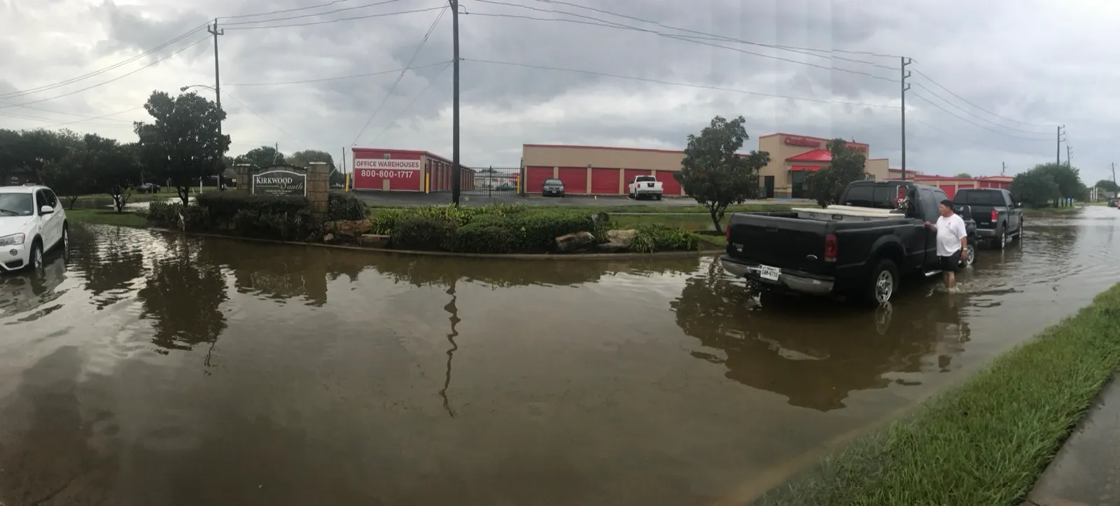 A flooded residential street in the Houston area during Hurricane Harvey