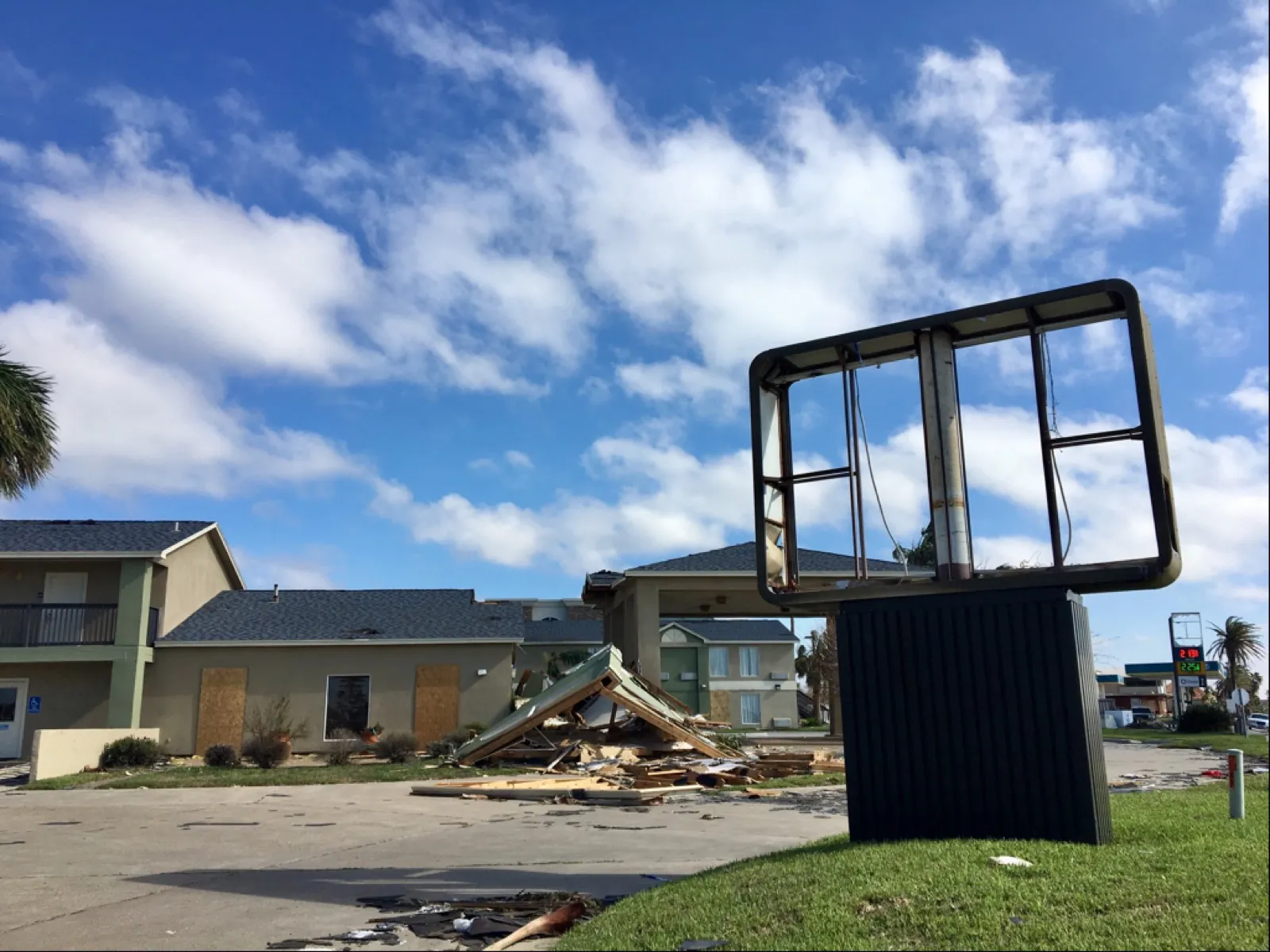 Wind-damaged hotel in Rockport, Texas after Hurricane Harvey's Category 4 landfall