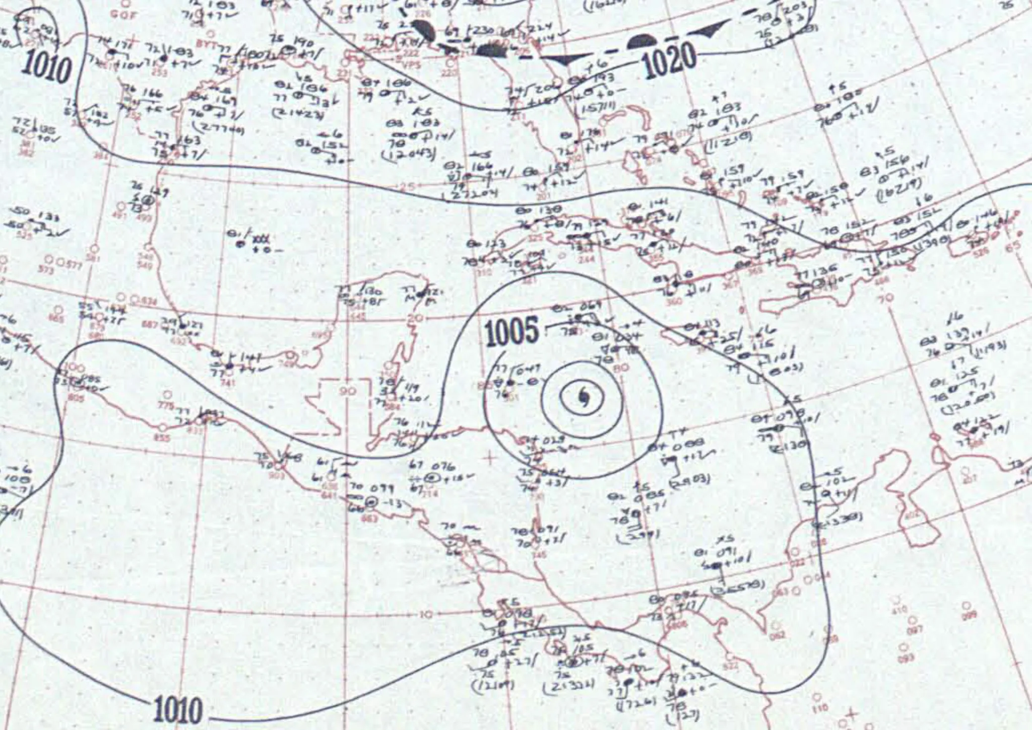 A 1955 surface weather analysis map showing the closed low pressure center of Hurricane Janet