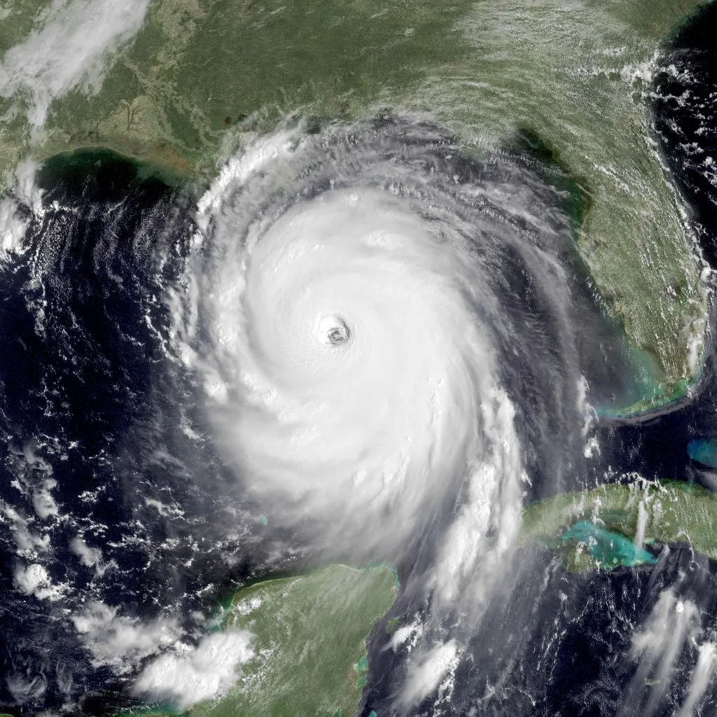 Satellite image of Hurricane Katrina as a large storm with a clear eye over the Gulf of Mexico