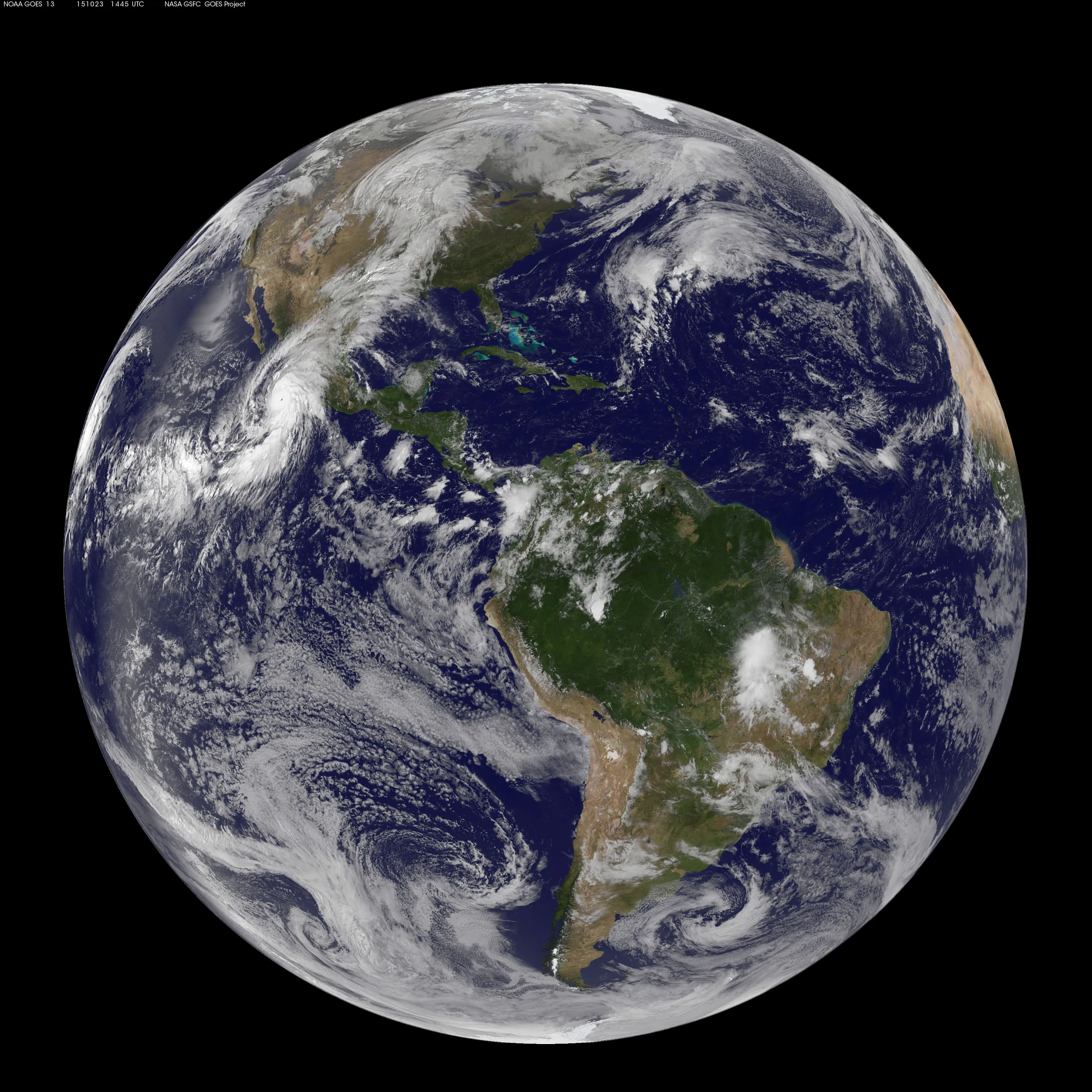 Full-disk satellite view of the Western Hemisphere on October 23, 2015, with Hurricane Patricia off Mexico's Pacific coast