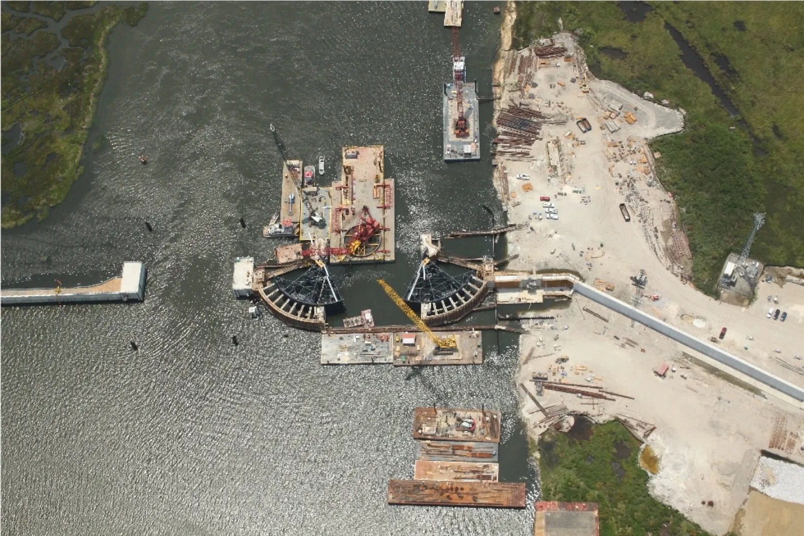 Aerial view of the navigable sector gate at the West Closure Complex on the Gulf Intracoastal Waterway