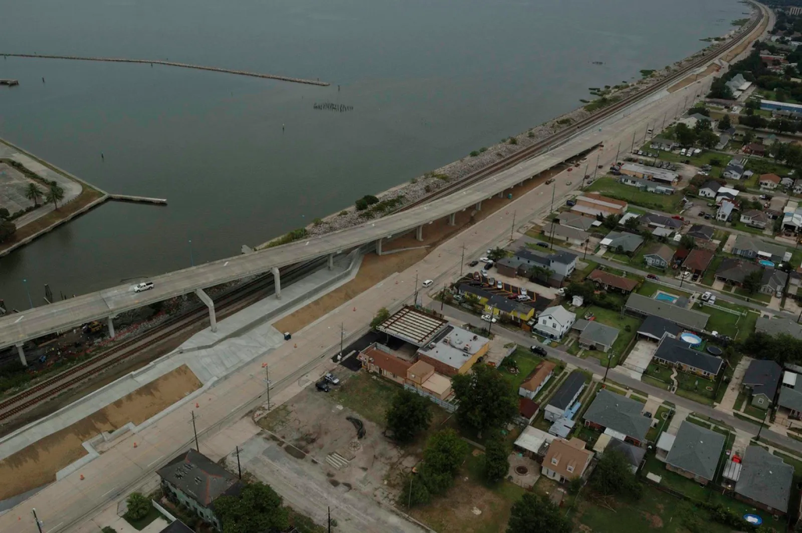 A reinforced concrete floodwall protecting New Orleans East