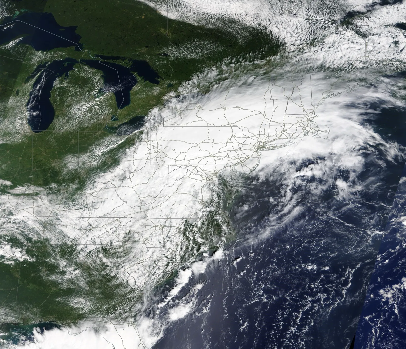 Satellite image showing widespread flooding along the U.S. East Coast days after Hurricane Ida