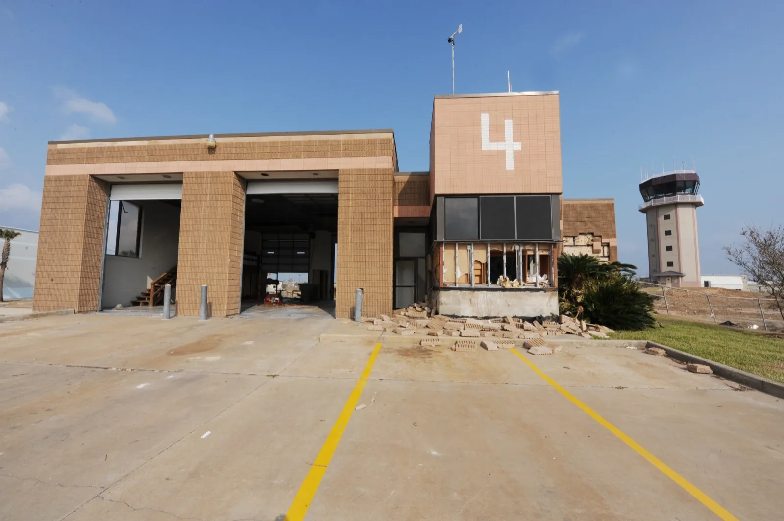 A hurricane-damaged fire station on Galveston Island after Hurricane Ike