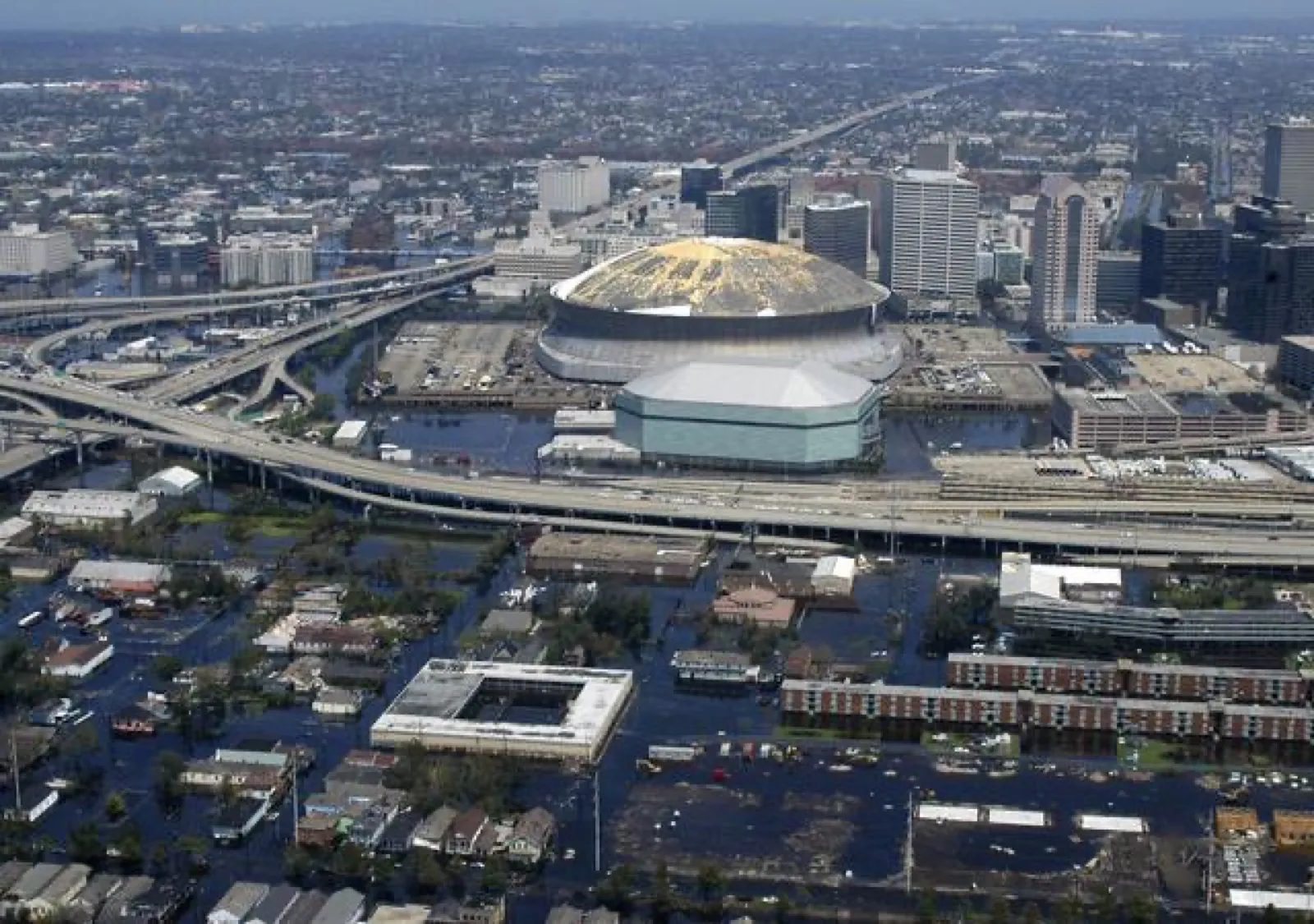 Aerial view of flooded New Orleans neighborhoods submerged after the levee failures