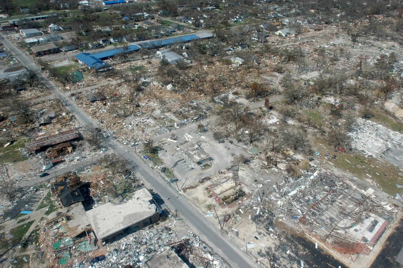 Catastrophic structural damage along the Mississippi coast after Hurricane Katrina
