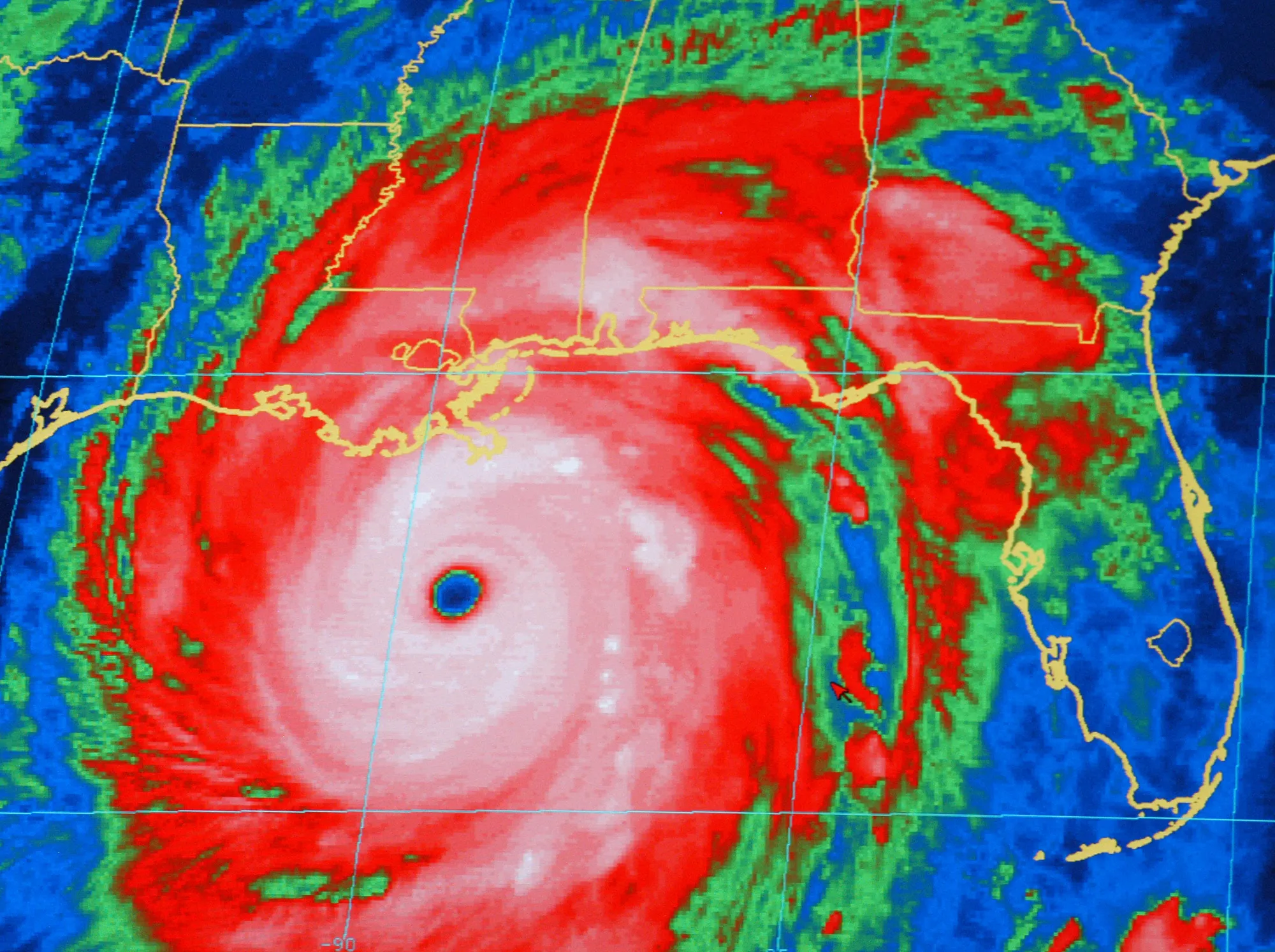 A satellite view of Hurricane Katrina, a huge swirl of clouds covering the Gulf of Mexico