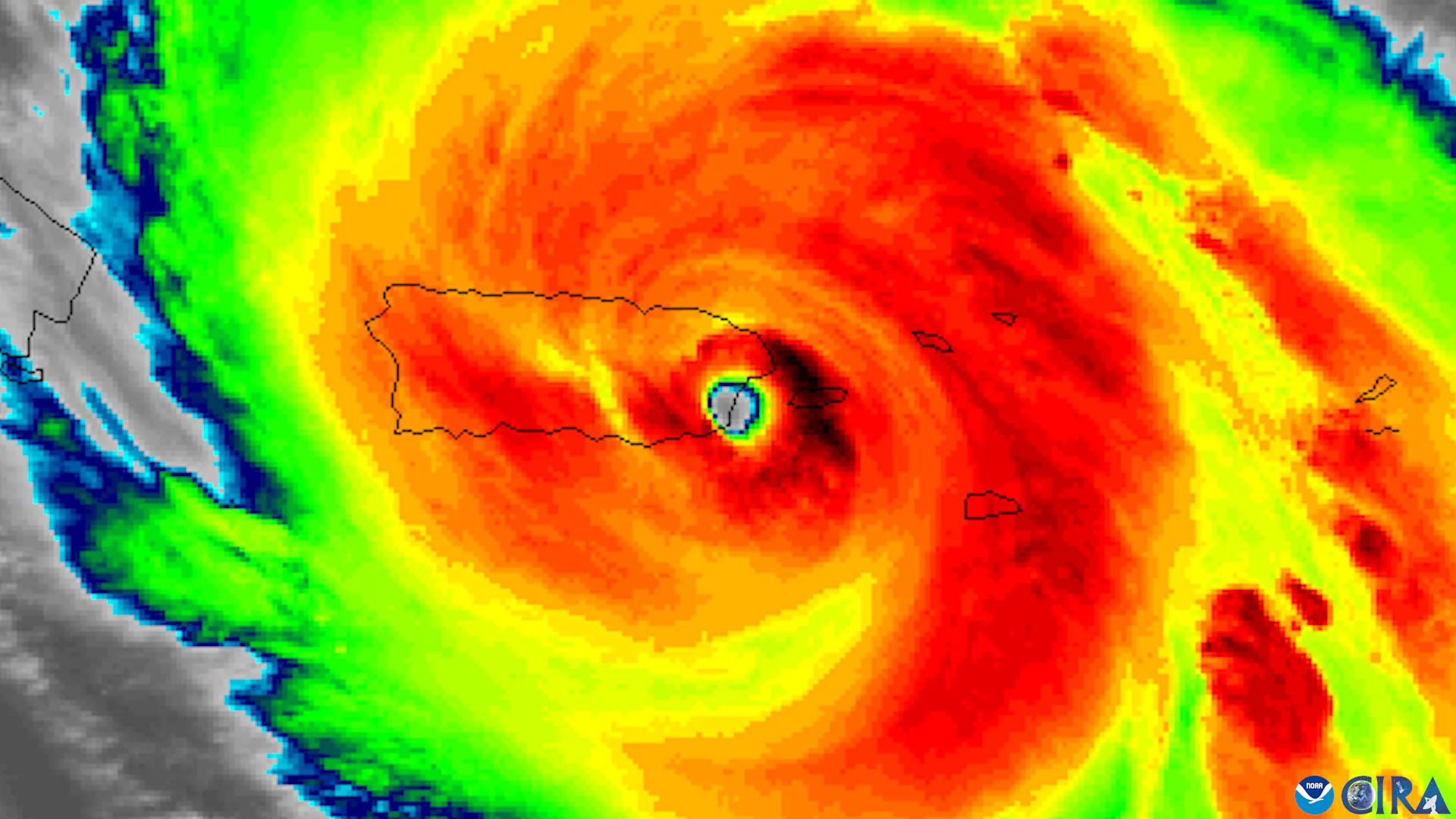 A satellite image of Hurricane Maria making landfall on Puerto Rico