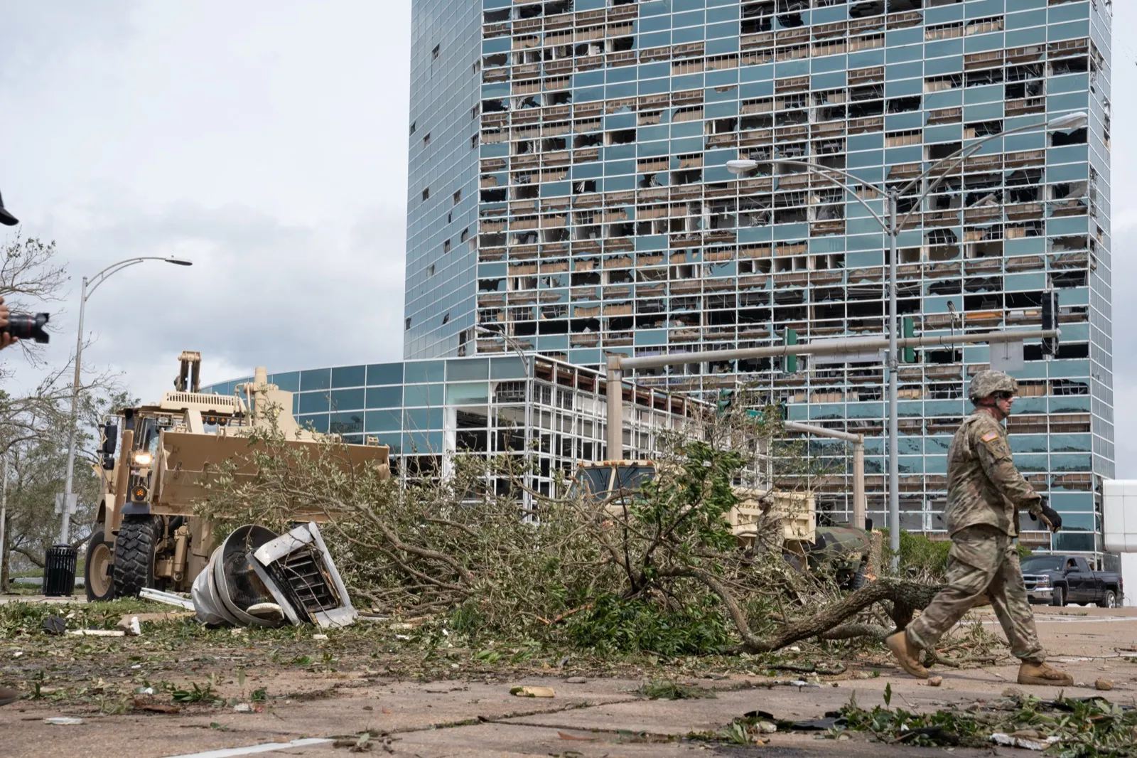 The Capital One Tower in Lake Charles with its windows blown out after Hurricane Laura