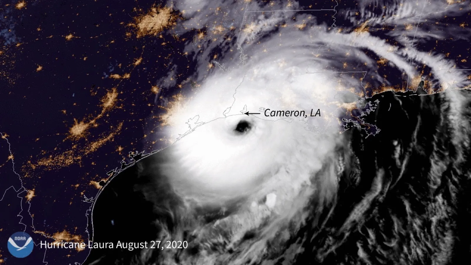 Hurricane Laura making landfall near Cameron, Louisiana in 2020