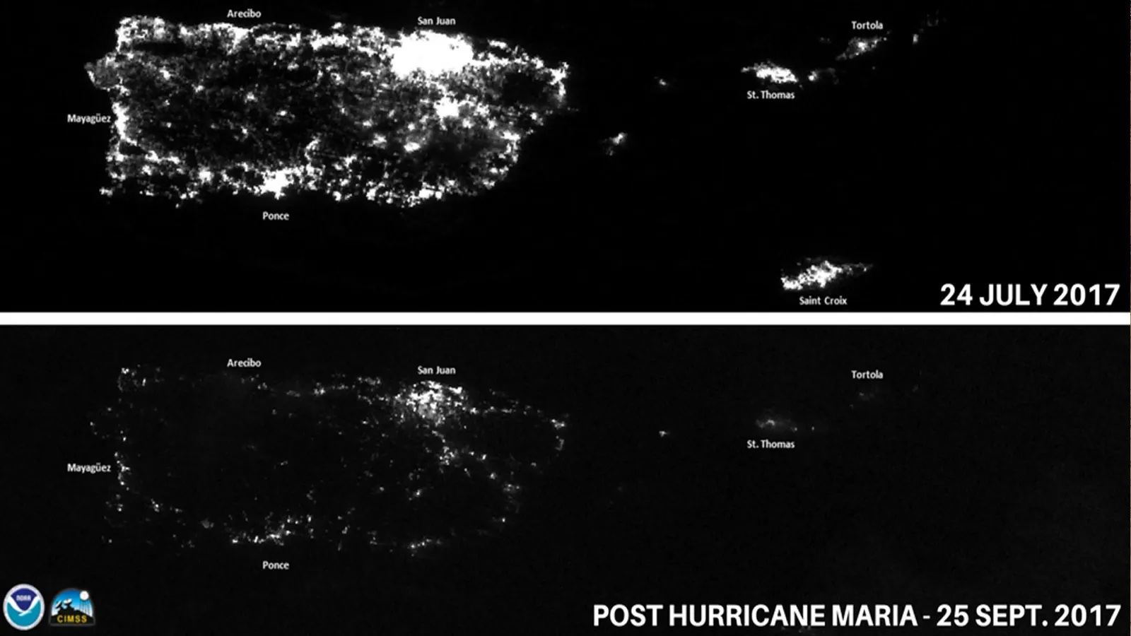Satellite night-lights of Puerto Rico before and after Hurricane Maria, showing the island gone dark