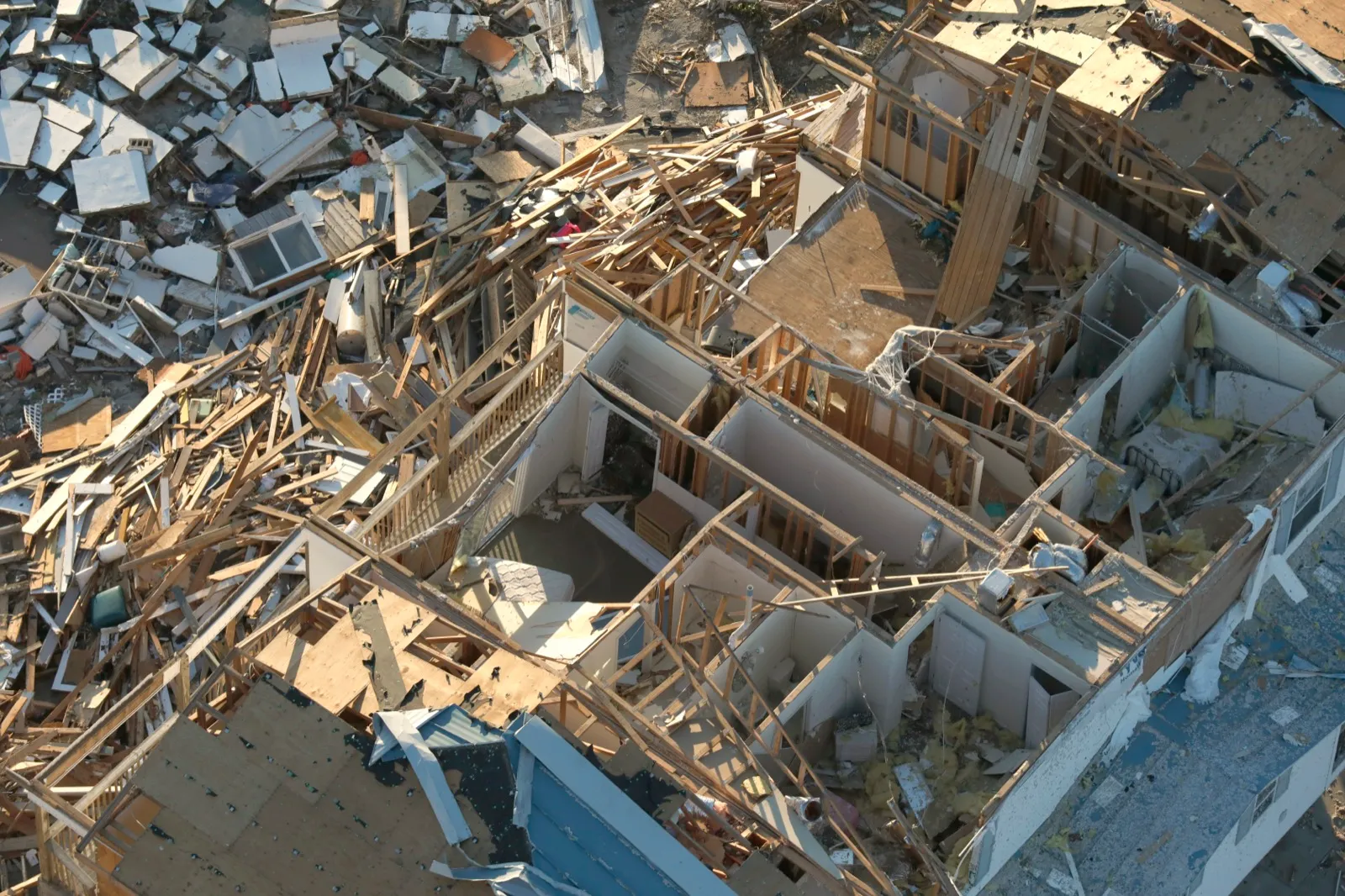 Aerial close-up of a home torn apart by Hurricane Michael's winds