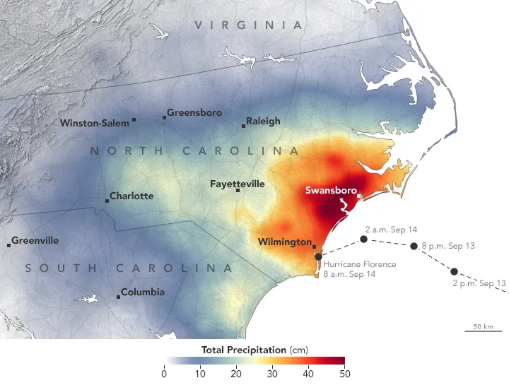 A satellite-derived rainfall map showing a band of extreme rain totals across the Carolinas from Hurricane Florence