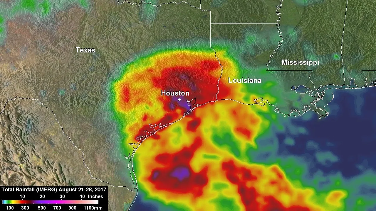 A satellite rainfall map of Hurricane Harvey showing extreme accumulations over southeast Texas
