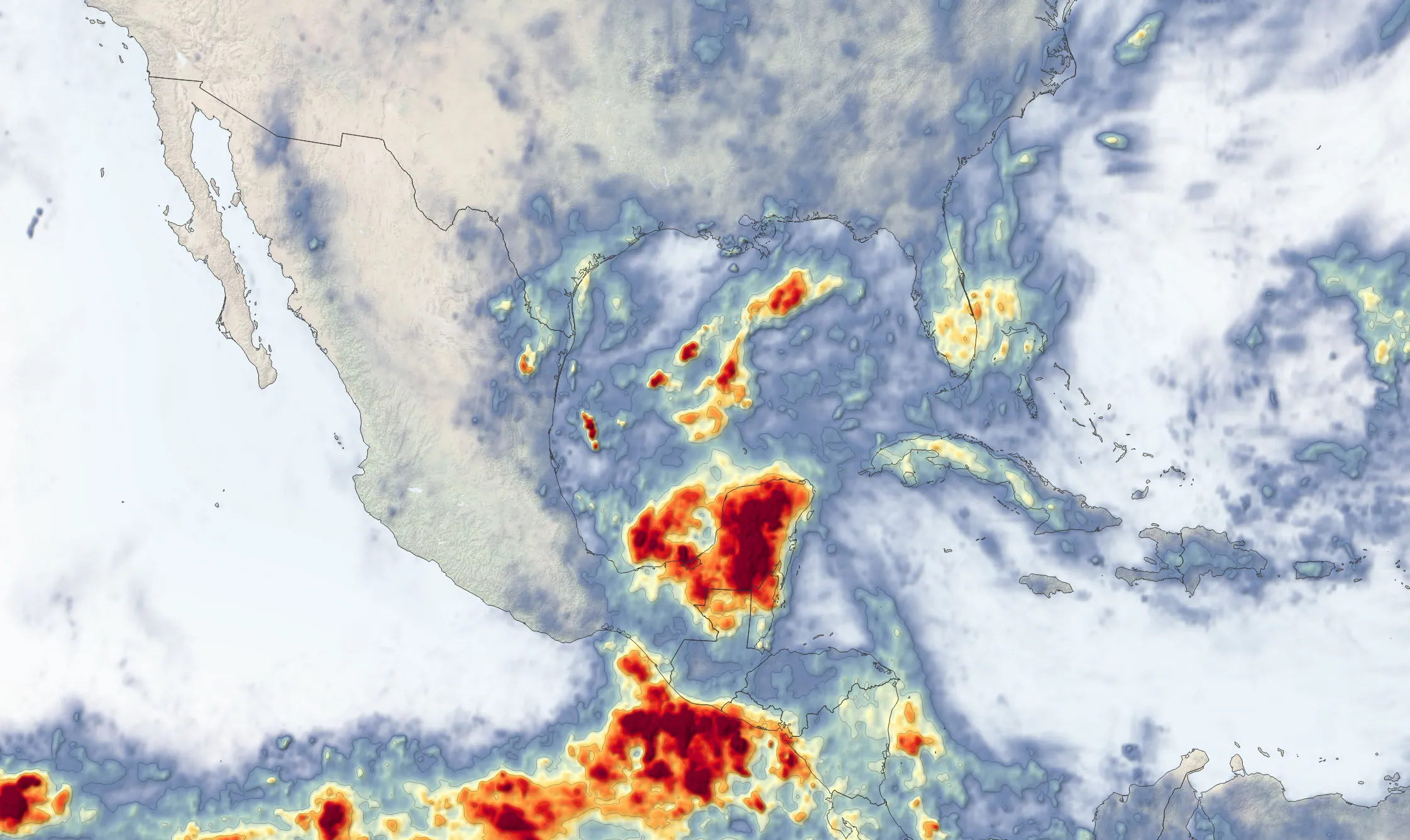 A satellite map of cumulative rainfall from slow-moving tropical systems over the Yucatán and Gulf