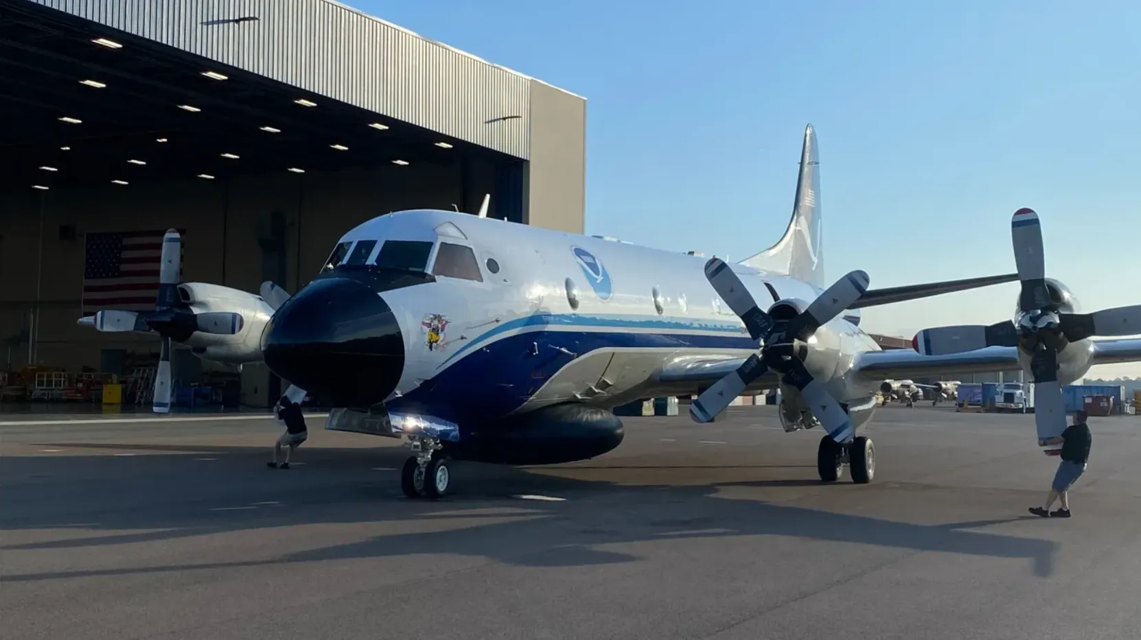 NOAA's WP-3D Orion turboprop 'Miss Piggy' parked outside its hangar