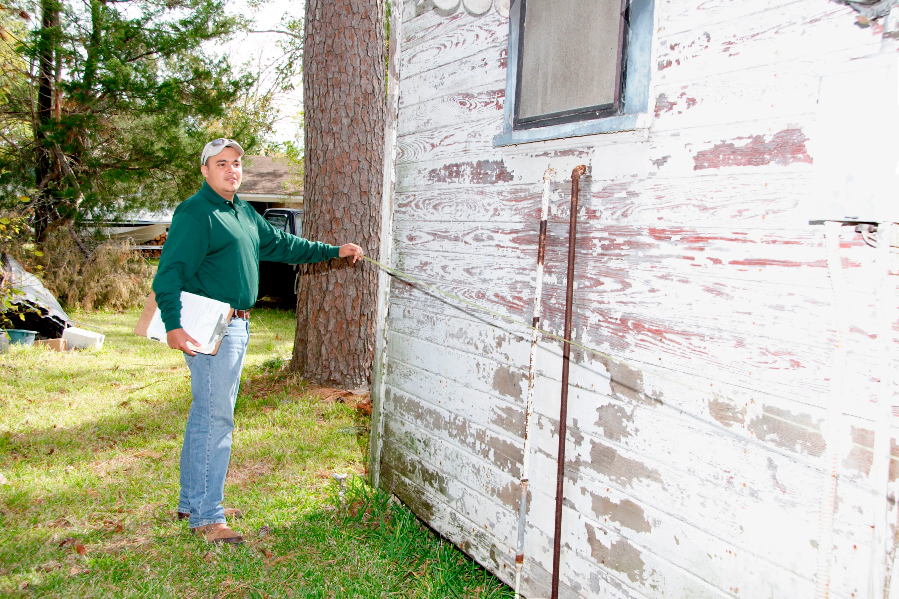 An inspector measuring and recording damage to the exterior wall of a hurricane-damaged house