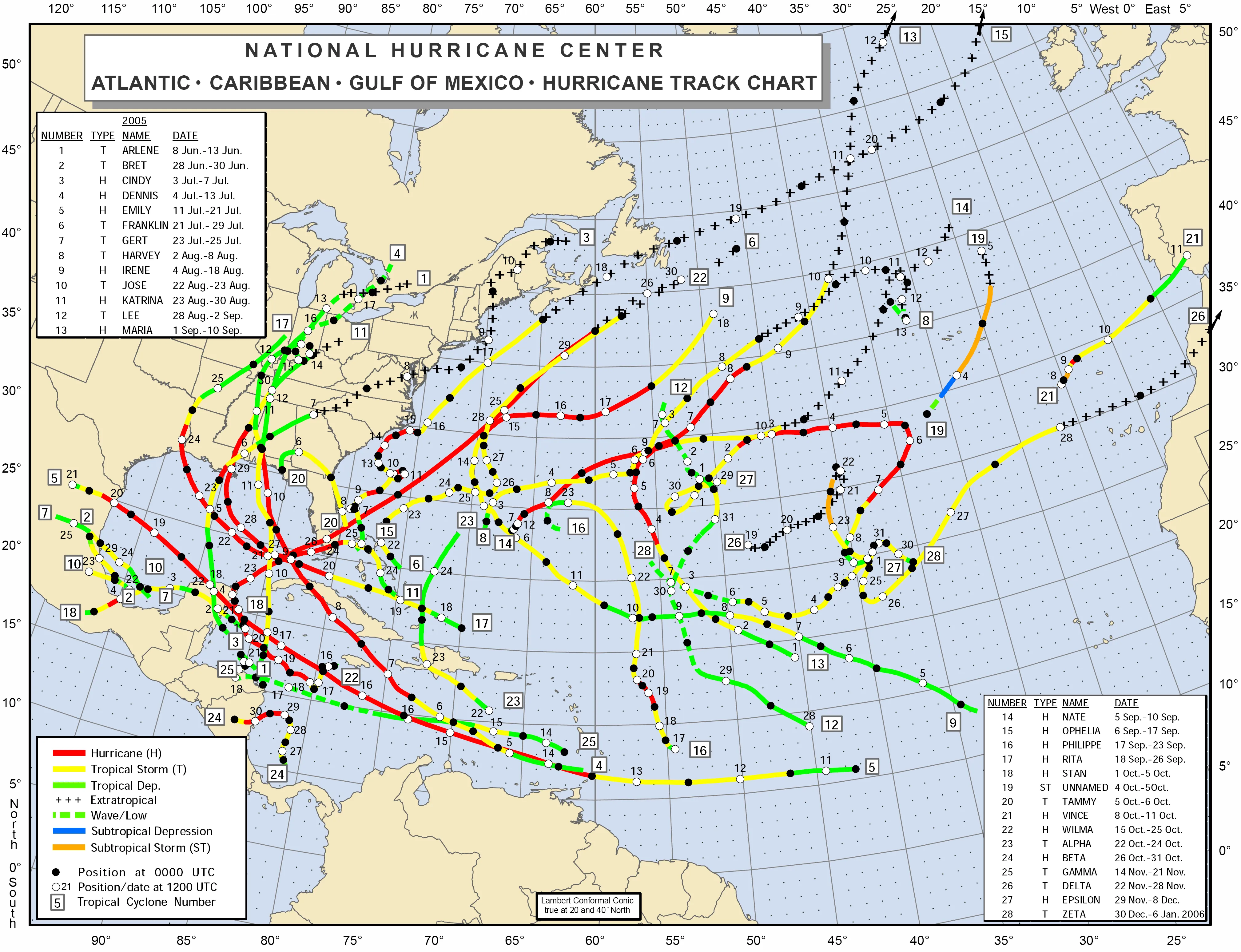 A map tracing the paths of every named storm in the record 2005 Atlantic hurricane season