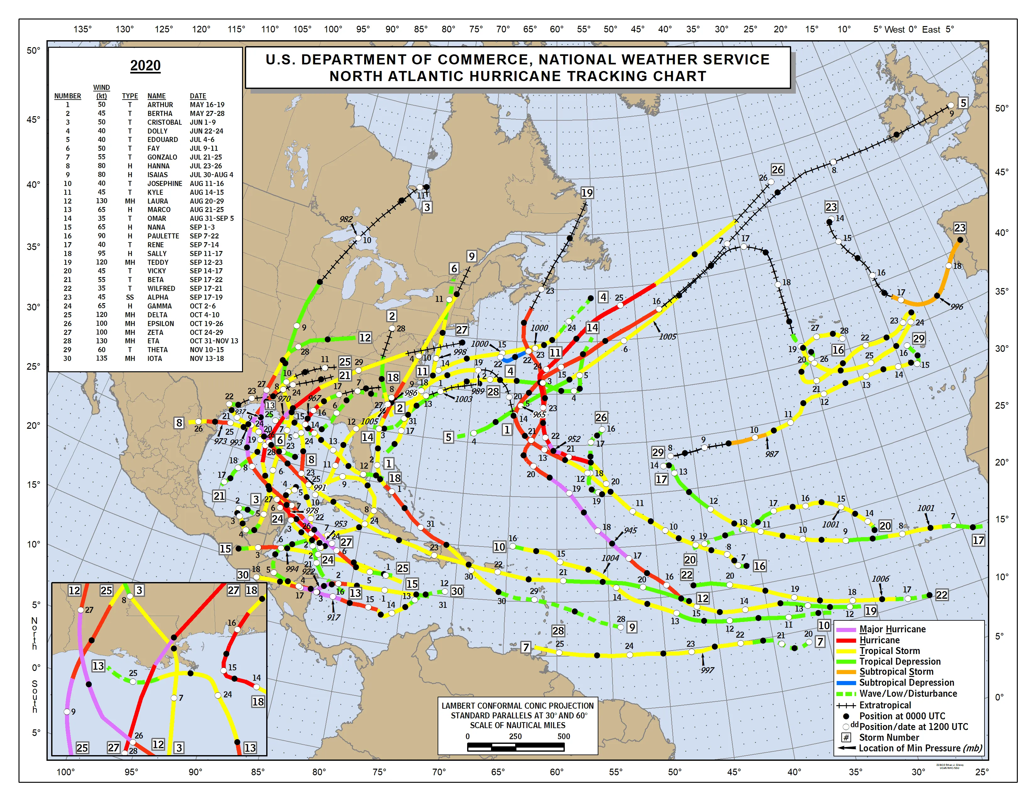 A map tracing all 30 named storms of the record-breaking 2020 Atlantic hurricane season