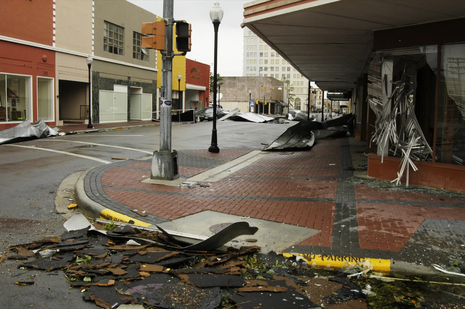 Wind-blown debris on a downtown street in southeast Texas after Hurricane Rita