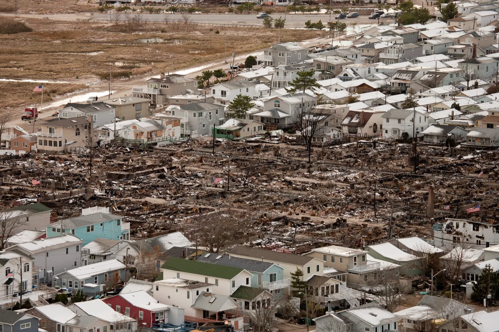 Aftermath of the fire that destroyed more than 100 homes in Breezy Point, Queens during Hurricane Sandy